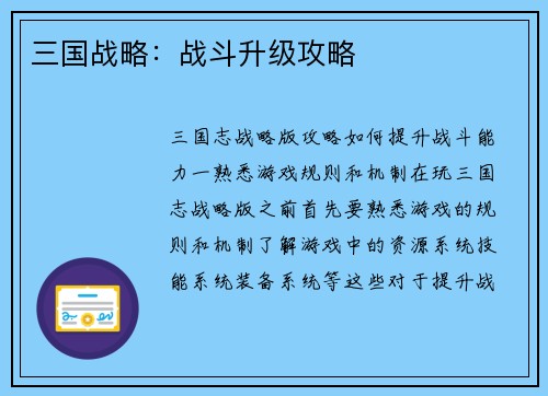 三国战略：战斗升级攻略